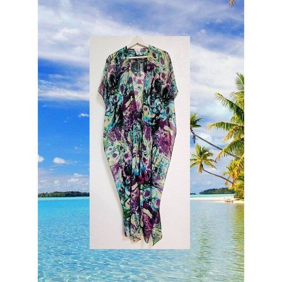 Tropical Kimono Multicolor Swim Cover Open Tie Front Duster One Size Fits Most - Picture 1 of 8